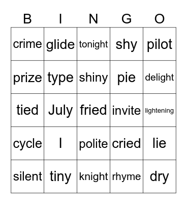 Long "I" Sounds Bingo Card
