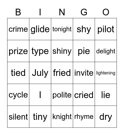 Long "I" Sounds Bingo Card