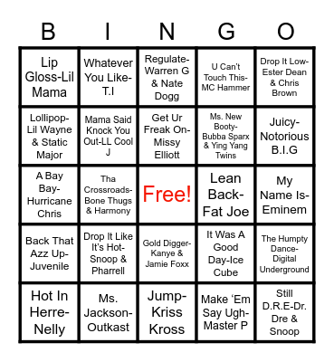 Bingo (90’s-00’s HipHop/Rap) Bingo Card
