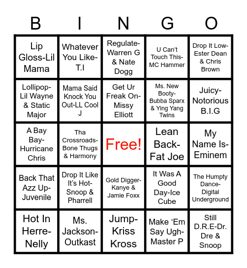 Bingo (90’s-00’s HipHop/Rap) Bingo Card