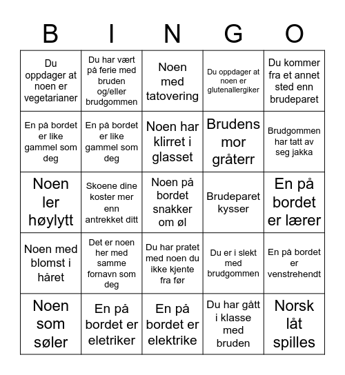 Bryllupsbingo Card