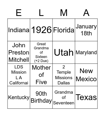 Elma's  Birthday Bingo Card