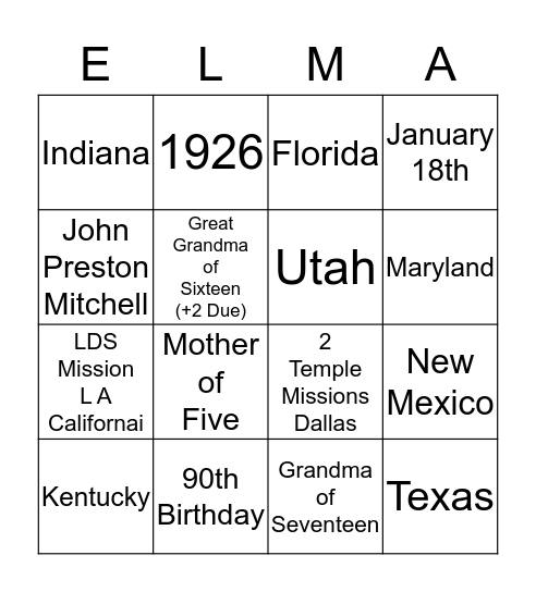 Elma's  Birthday Bingo Card