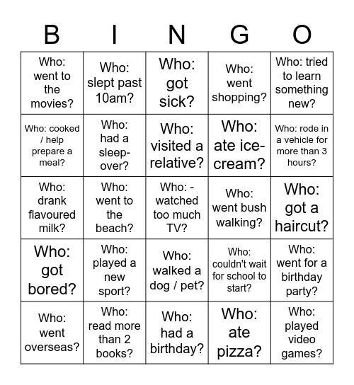 What did you do over the holidays? Bingo Card