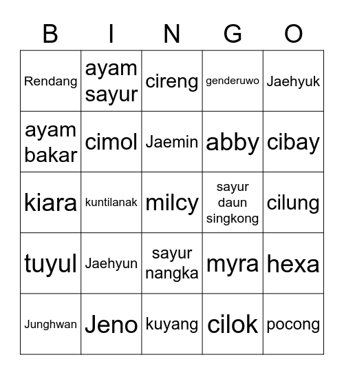 Milcy Bingo Card