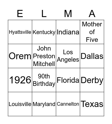 Elma's  Birthday Bingo Card