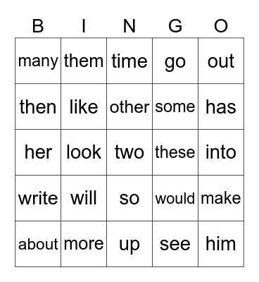Sight Words 1.3 Bingo Card