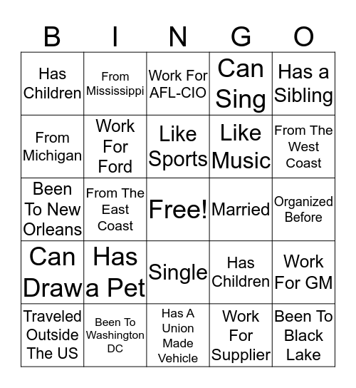 Getting To Know You Bingo Card