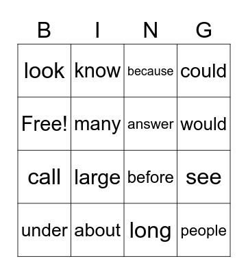 Sight Word Bingo Card