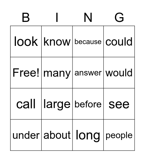 Sight Word Bingo Card