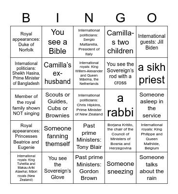 Coronation Bingo Card