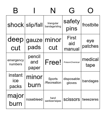 Injuries and First Aid Bingo Card