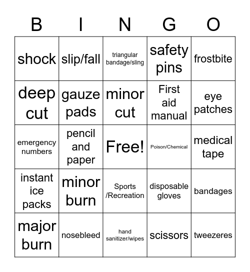 Injuries and First Aid Bingo Card