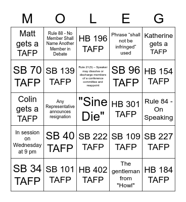 Last Week of Session 2023 Bingo Card