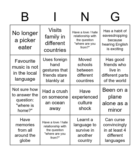 Third Culture Kid Bingo Card