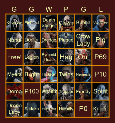 KiazRell's Twitch Stream Dead by Daylight Killer Bingo Card