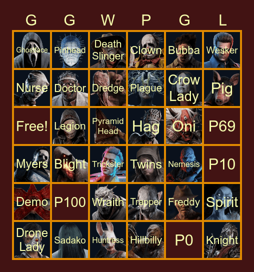 KiazRell's Twitch Stream Dead by Daylight Killer Bingo Card