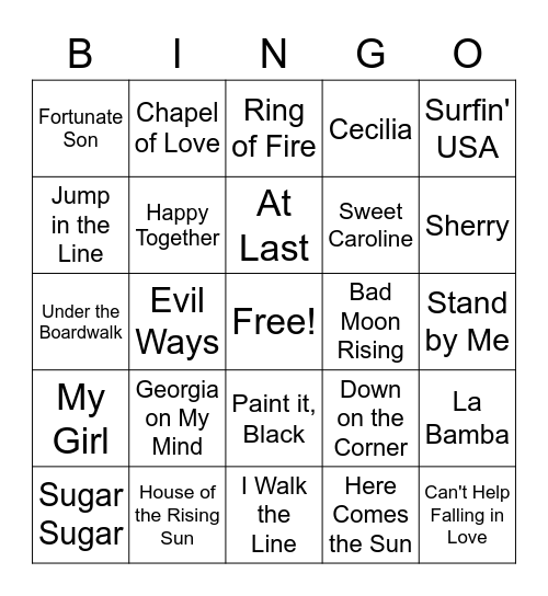 60's Musical Bingo Card