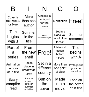 Summer Reading Challenge Bingo Card