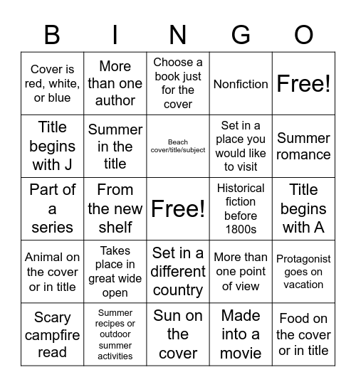 Summer Reading Challenge Bingo Card