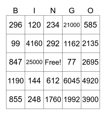 Multiplication Stacking Bingo Card