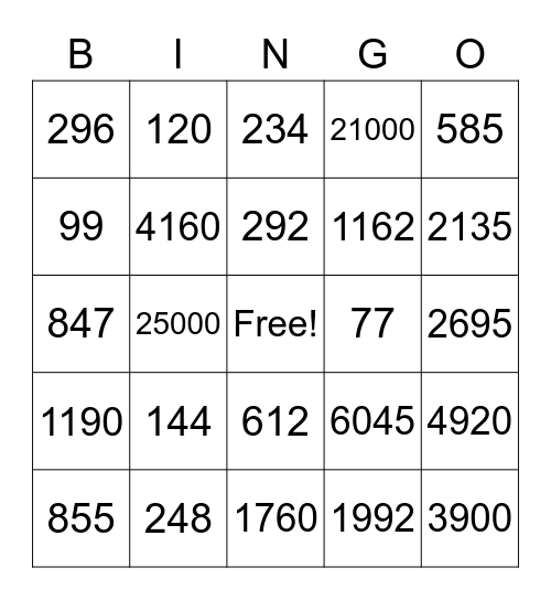 Multiplication Stacking Bingo Card