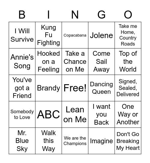 70's Musical Bingo Pt 1 Bingo Card