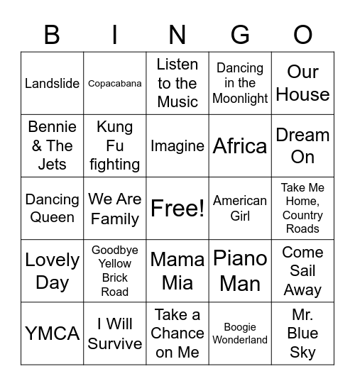 70's Musical Bingo Card