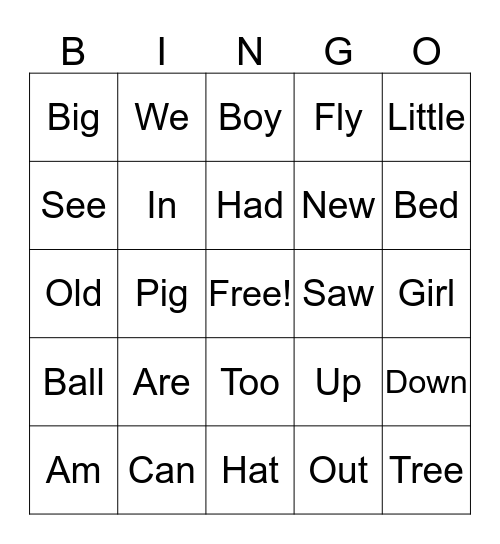 Sight Word Bingo Card