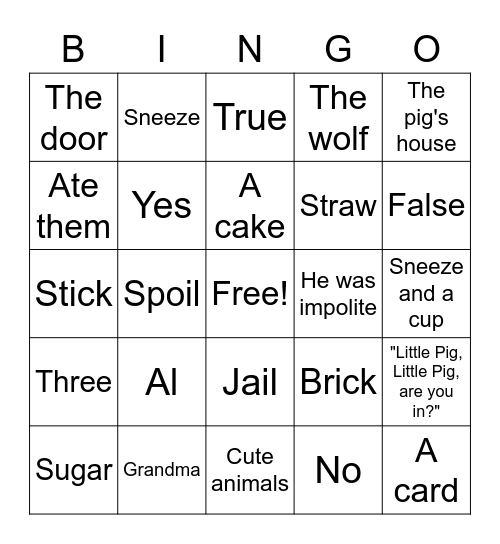 The True Story of the Three Little Pigs Bingo Card