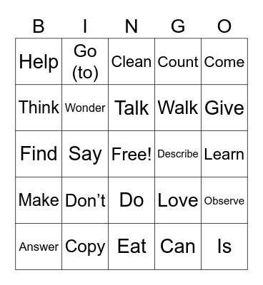 Verbs Bingo Card