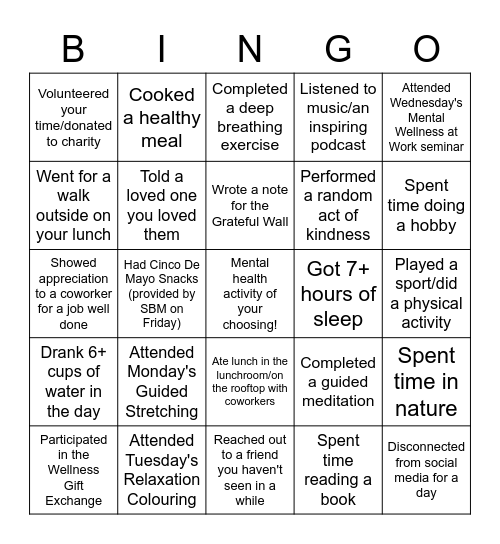 Mental Wellness Bingo! Bingo Card