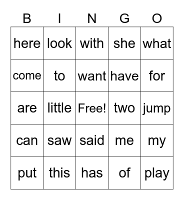 Sight Words Bingo Card