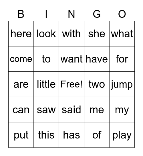 Sight Words Bingo Card