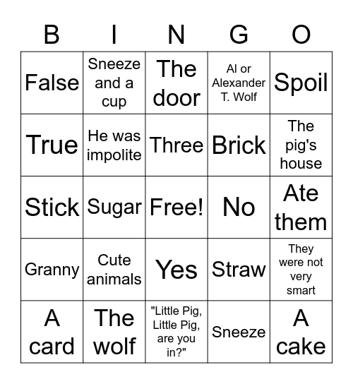 The True Story of the Three Little Pigs Bingo Card