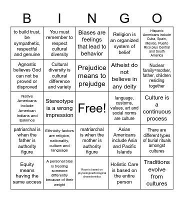 Cultural Diversity Bingo Card