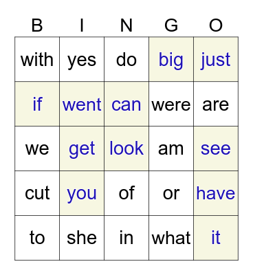 Sight Words Game 1 Bingo Card