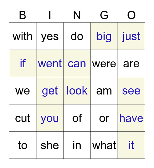 Sight Words Game 1 Bingo Card