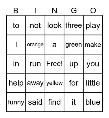 Kindergarten Sight Words Bingo Card