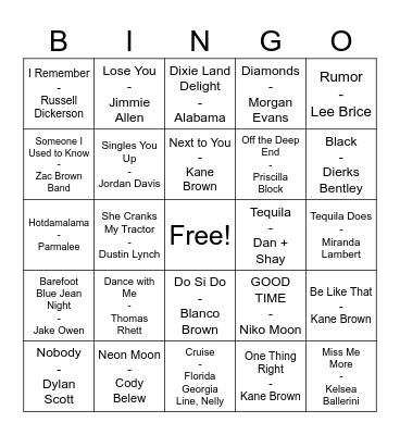 Country Hits Bingo Card