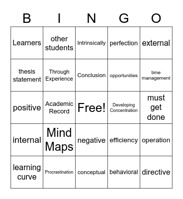 College Skills Bingo Card