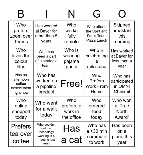 Spirit & Fun Getting to know your Colleagues! Bingo Card