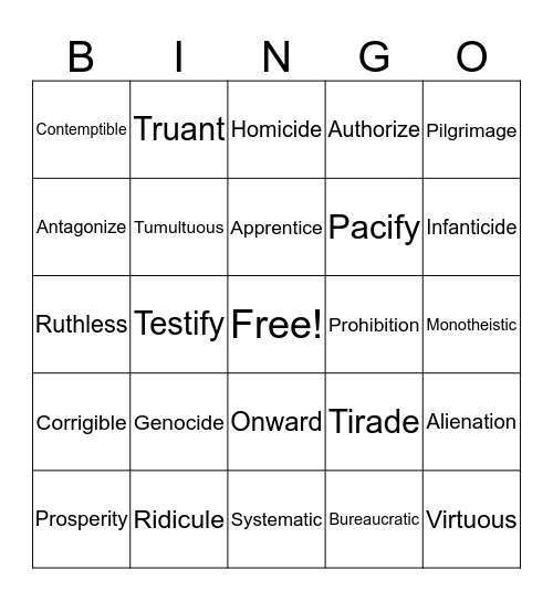 8 Literature Vocabulary Bingo Card