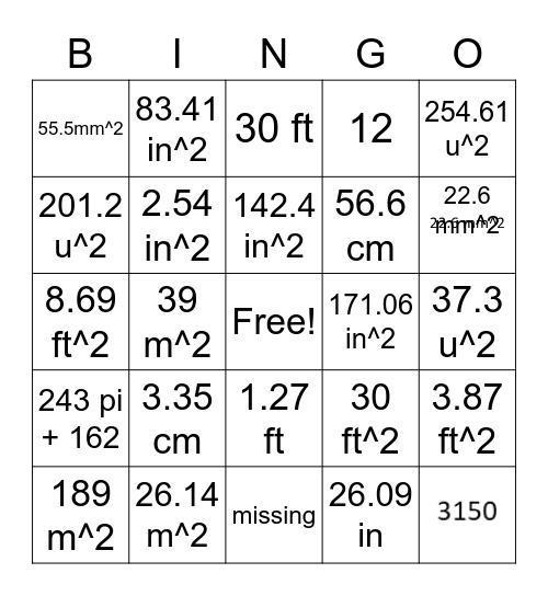 Area of Polygons Bingo Card
