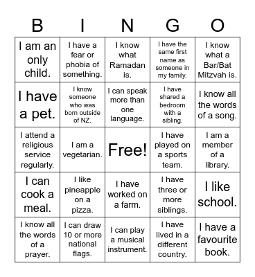 Diversity Bingo Card