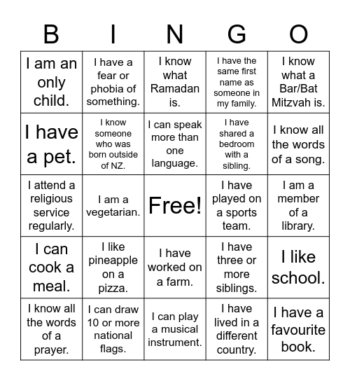 Diversity Bingo Card