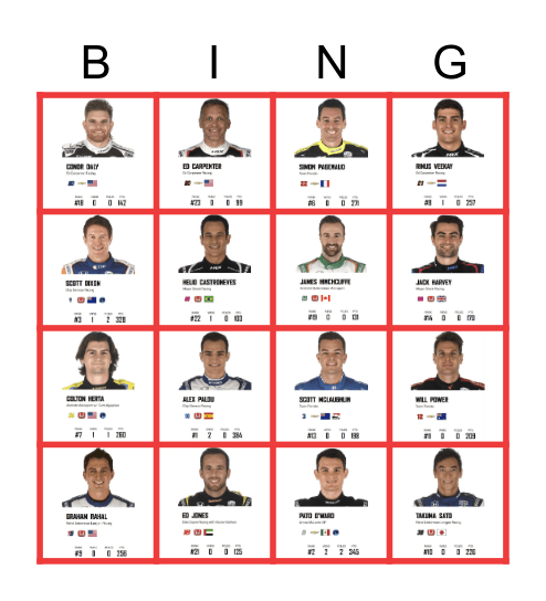 Indy Racing Bingo Card