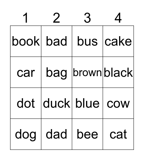 B, C, D Bingo Card