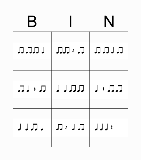 Rhythm Set 2 3x3 Quarter/Eighth Bingo Card