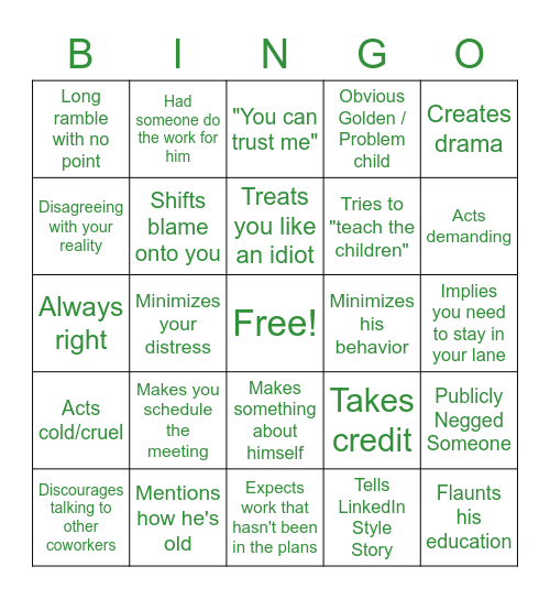 Narcissistic Boss Bingo Card